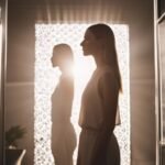 Woman silhouetted against ornate window, contemplative mood.