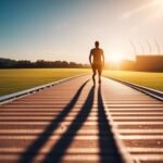 Man running on track during sunset, casting long shadow.