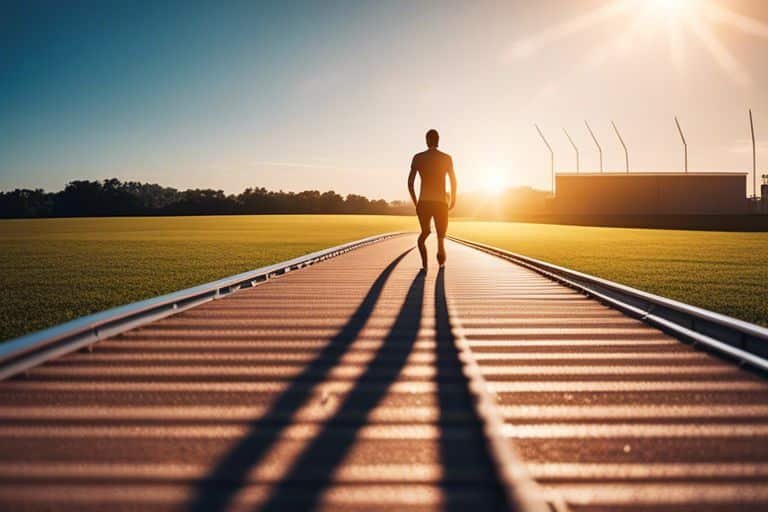 unlocking your potential goal setting strategies egy Man running on track during sunset, casting long shadow.