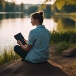 Woman reading by lakeside at dusk.