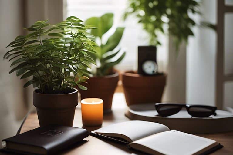 Indoor workspace with plants, notebook, glasses, and lit candle.