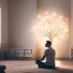 Man meditating by illuminated tree design on wall.