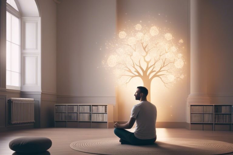 mental health fact vs fiction qxd Man meditating by illuminated tree design on wall.