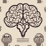 Illustration of stylized brain with icons background.