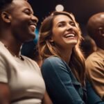 Group of people laughing joyfully in low-light setting.