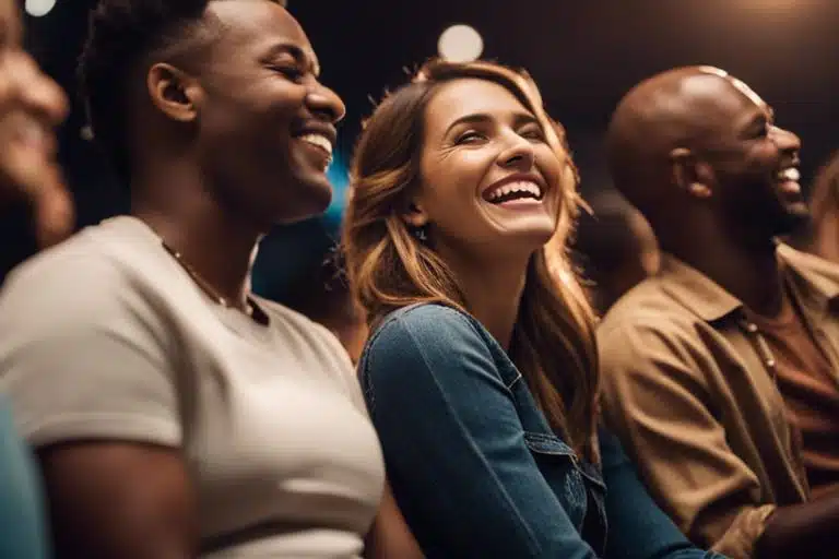 Group of people laughing joyfully in low-light setting.