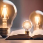 Illuminated light bulbs on open book, creativity concept