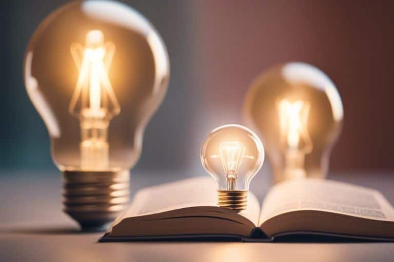 Illuminated light bulbs on open book, creativity concept