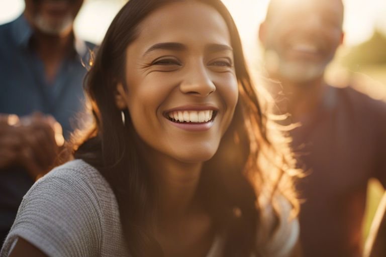 Group of people laughing joyfully outdoors.