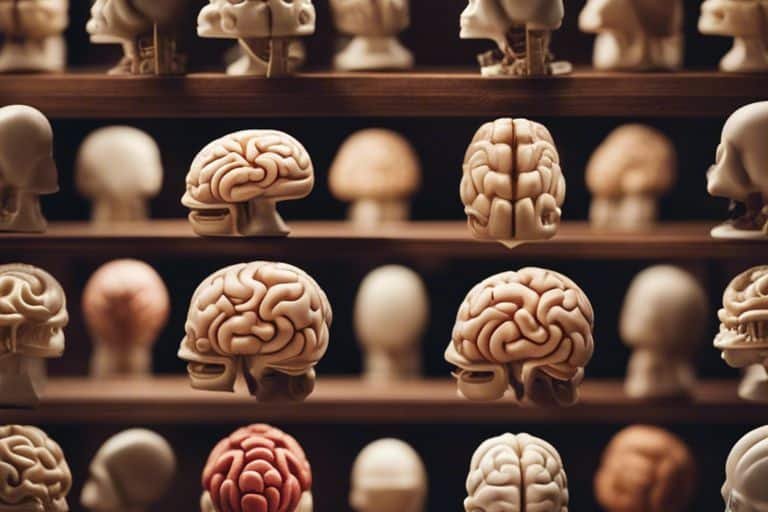 Variety of brain models on shelves.