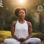 Woman meditating peacefully outdoors at sunset.