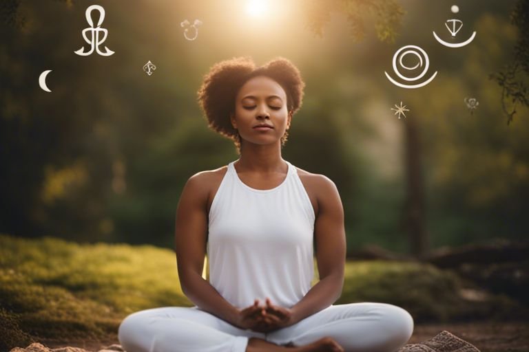 balancing relationships and selfcare for social health jwl Woman meditating peacefully outdoors at sunset.