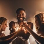 Group of friends stacking hands together happily.