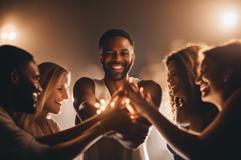 boosting social wellbeing through the power of positivity flp Group of friends stacking hands together happily.