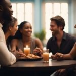 Group enjoying candlelit dinner together.