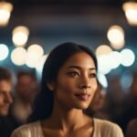 Woman among crowd with soft-focused lights.