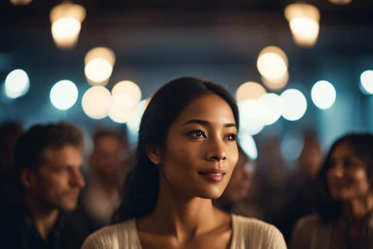 Woman among crowd with soft-focused lights.