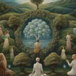 People meditating in serene, mystical tree landscape.