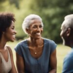 Family enjoying a conversation outdoors.