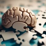 3D brain puzzle piece on jigsaw board.