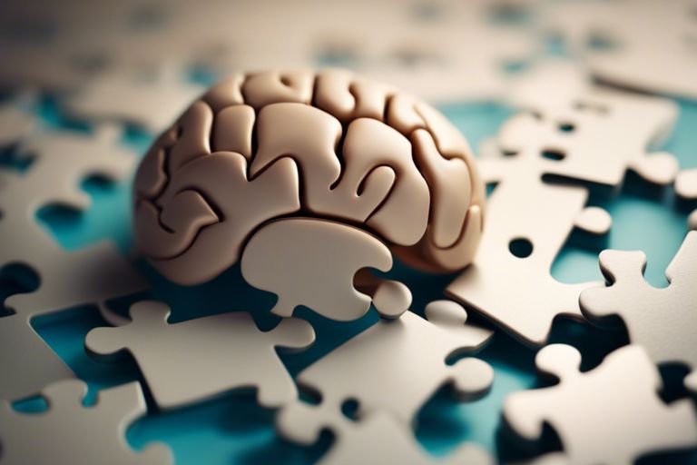 3D brain puzzle piece on jigsaw board.