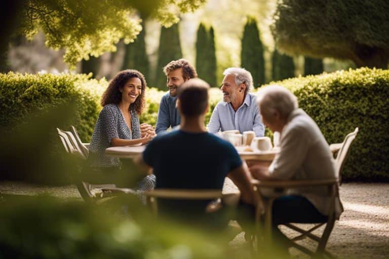 Group of friends enjoying conversation outdoors at table.