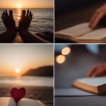 Sunset, hands, reading book, heart bookmark, candlelight.