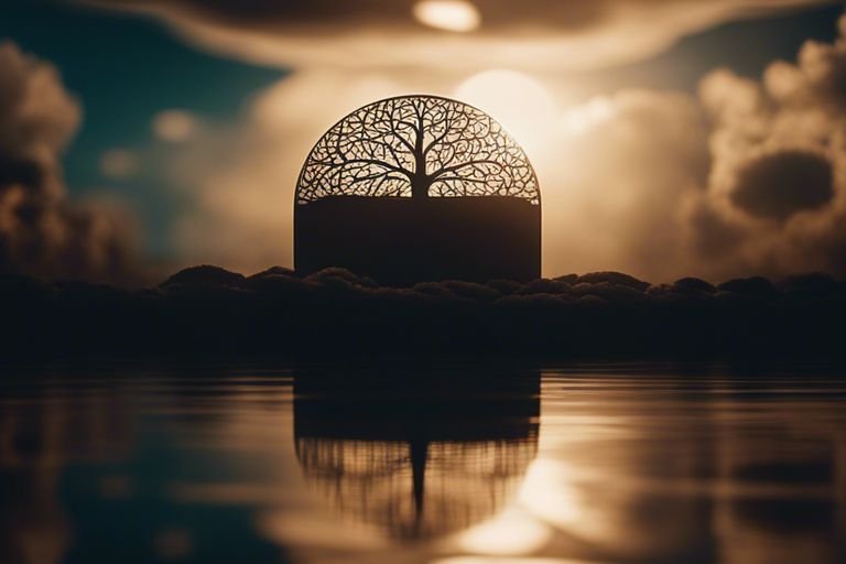 Silhouette of intricate tree design against sunset and reflective water.