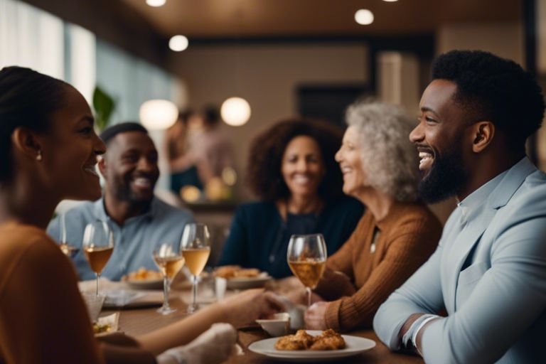 Family enjoying dinner together, smiling and conversing.