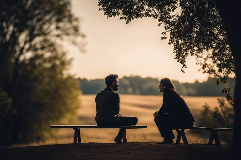 Two people chatting on park bench at dusk.
