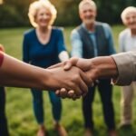 Two people shaking hands, group smiling in background.