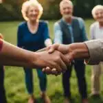 Two people shaking hands, group smiling in background.