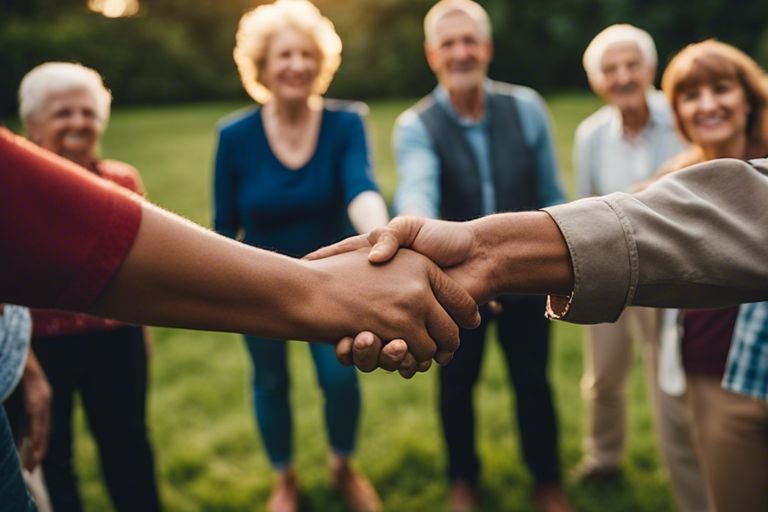 improving social wellbeing from isolation to connection lny Two people shaking hands, group smiling in background.