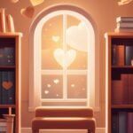 Cozy reading nook with books and sunset window view.