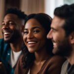 Three friends laughing and enjoying time together indoors.