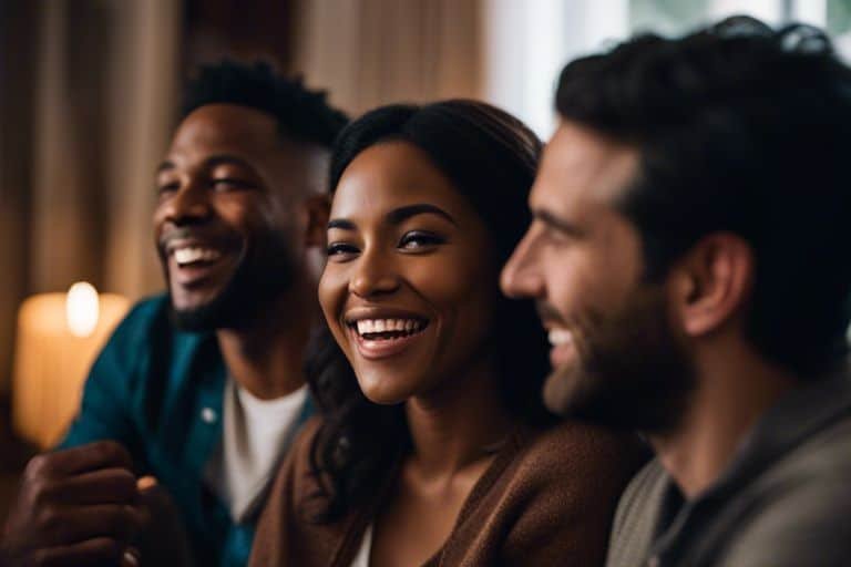 Three friends laughing and enjoying time together indoors.
