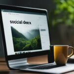 Laptop and mug on desk displaying nature website.
