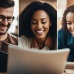Three people happily engaged with digital devices.