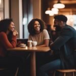 Three friends laughing in a cozy cafe.