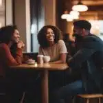Three friends laughing in a cozy cafe.