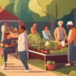 Community garden market with diverse people and plants.