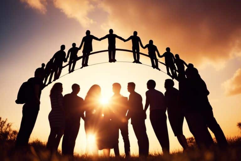 tips for building a supportive social circle wue Group forming human bridge at sunset.
