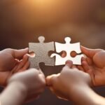 Two hands connecting puzzle pieces in sunlight.