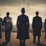 Silhouettes of men with symbolic icons for heads at sunset.