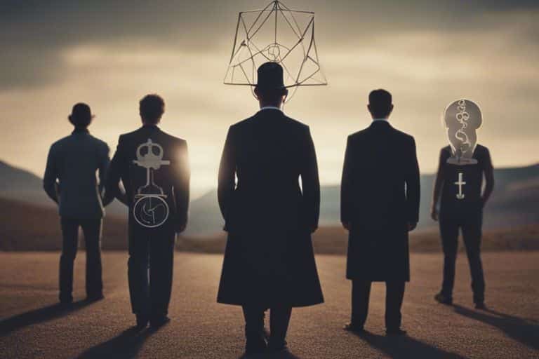 Silhouettes of men with symbolic icons for heads at sunset.